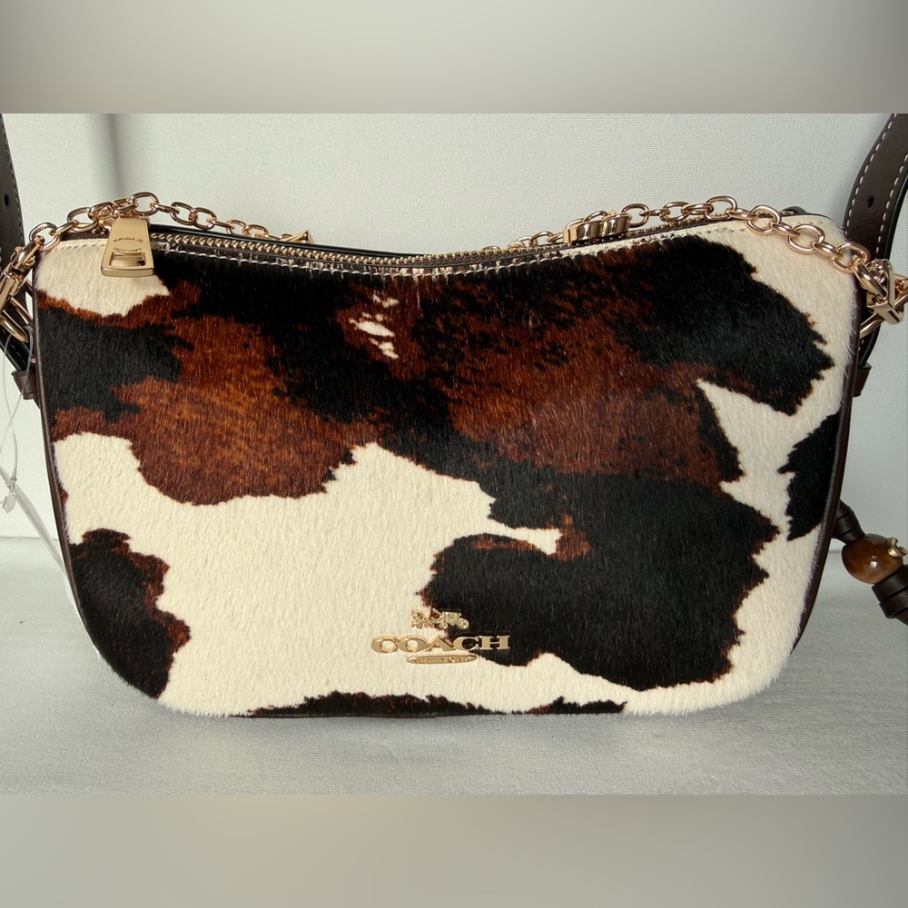 NWT Coach Kailey Shoulder Crossbody Bag Cow Print Tassel CCC84 Brown Black/Gold